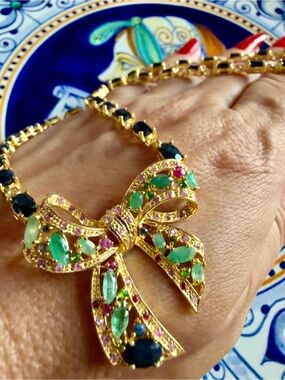 Classy Bow Necklace with Sapphire and Gemstones - Women Jewelry